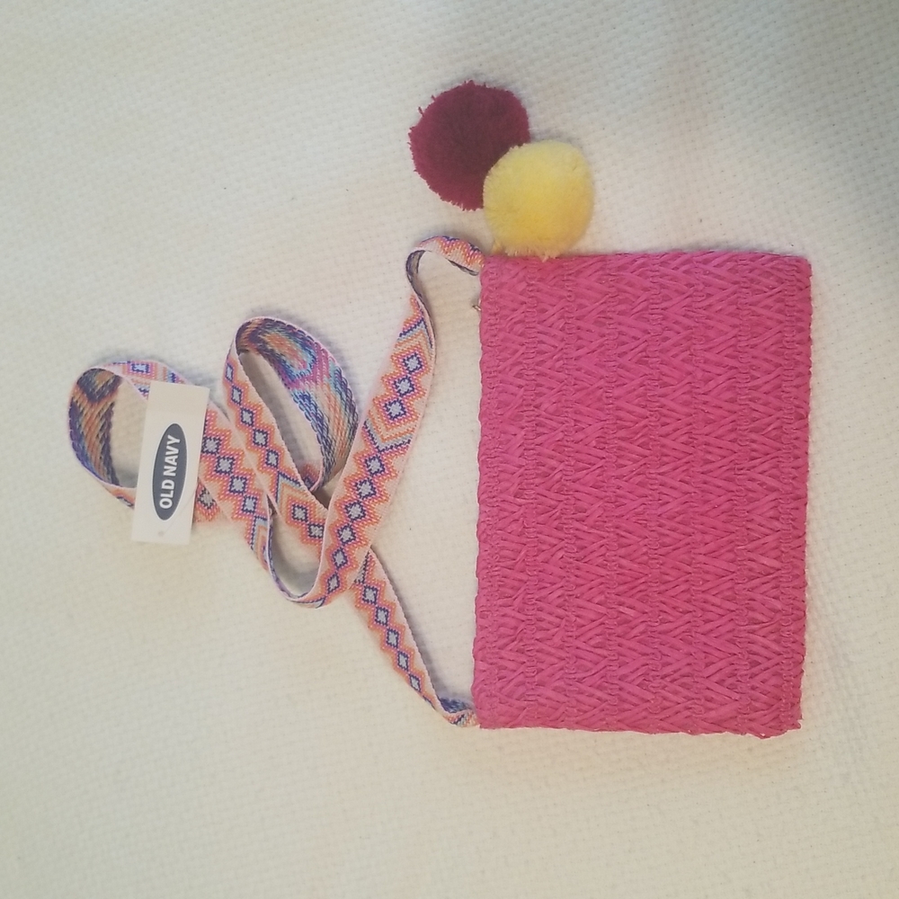 NWT Old Navy Small Shoulder Bag Pink Crochet Look with 2 pompons